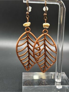 Nwot Copper Leaf Dangle Earrings with Cream Stone Accent